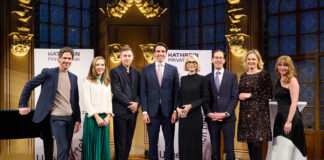 Olympia-Rekordhalter Felix Gottwald, Eva Födermayr, Tristan Horx, Stefan Neubauer, Eleonore Leder, Gregor Höpler, Clementine Michalek-Waldstein (Leiterin des Kathrein Family Konsult) und Moderatorin Christine Bauer.