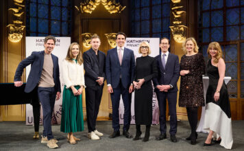 Olympia-Rekordhalter Felix Gottwald, Eva Födermayr, Tristan Horx, Stefan Neubauer, Eleonore Leder, Gregor Höpler, Clementine Michalek-Waldstein (Leiterin des Kathrein Family Konsult) und Moderatorin Christine Bauer.