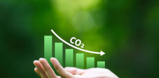 Grafik von reduzierten CO2 Emissionen in einer Hand vor grünem Hintergrund als Symbolbild für Nachhaltigkeit
