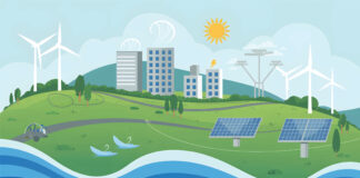 Grafische Darstellung einer Stadt mit grüner Energie aus Windturbinen, Wasser und Solarpaneelen