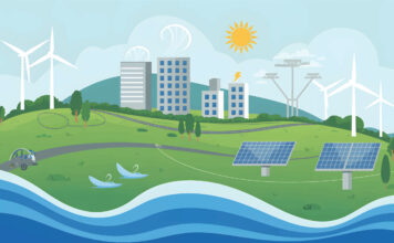 Grafische Darstellung einer Stadt mit grüner Energie aus Windturbinen, Wasser und Solarpaneelen