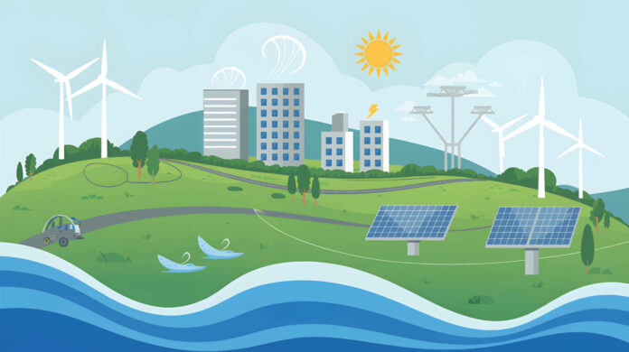 Grafische Darstellung einer Stadt mit grüner Energie aus Windturbinen, Wasser und Solarpaneelen