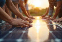 Mehrere Hände auf einem Solarpaneel als Symbolbild für Eneriegemeinschaften