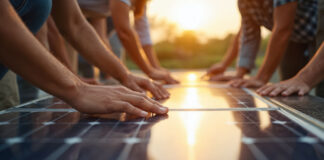 Mehrere Hände auf einem Solarpaneel als Symbolbild für Eneriegemeinschaften