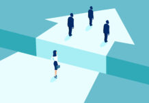 Merit-Report: Keine Frau an der Spitze Visualisierung der Geschlechterdiskriminierung in der Unternehmenskultur. Darstellung der Unterlegenheit von Geschäftsfrauen gegenüber Geschäftsmännern und der damit verbundenen Kluft.