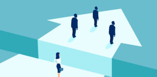 Visualisierung der Geschlechterdiskriminierung in der Unternehmenskultur. Darstellung der Unterlegenheit von Geschäftsfrauen gegenüber Geschäftsmännern und der damit verbundenen Kluft.