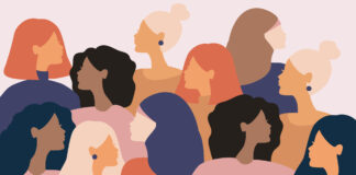 Gruppensilhouette von Frauen unterschiedlicher Kulturen und aus verschiedenen Ländern.