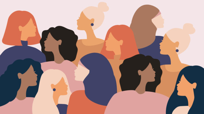 Gruppensilhouette von Frauen unterschiedlicher Kulturen und aus verschiedenen Ländern.