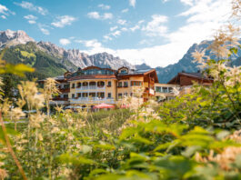 Urslauerhof Außenansicht mit Bergen im Hintergrund