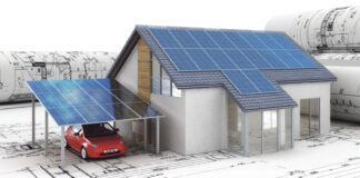 Visualisierung von einem Einfamilienhaus mit PV-Anlage und Elektroauto