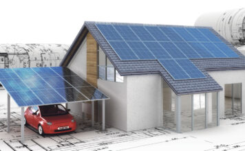 Visualisierung von einem Einfamilienhaus mit PV-Anlage und Elektroauto