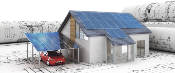 Visualisierung von einem Einfamilienhaus mit PV-Anlage und Elektroauto