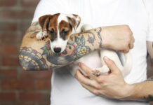 Tätowierter Mann hält einen kleinen Hund im Arm