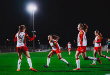 INNSBRUCK, AUSTRIA - NOVEMBER 14: Sara Grabovac, Vina Crnoja and Emelie Kobler of FC Red Bull Salzburg Women celebrating a goal during the second round OEFB Frauen Cup cup match between FC Wacker Innsbruck Women vs. FC Red Bull Salzburg Women on November 14, 2025 in Innsbruck, Austria. Photo by Fabian Weirather - FC Red Bull Salzburg Women.