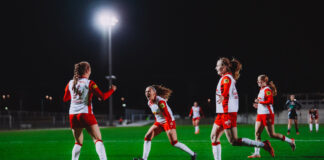 INNSBRUCK, AUSTRIA - NOVEMBER 14: Sara Grabovac, Vina Crnoja and Emelie Kobler of FC Red Bull Salzburg Women celebrating a goal during the second round OEFB Frauen Cup cup match between FC Wacker Innsbruck Women vs. FC Red Bull Salzburg Women on November 14, 2025 in Innsbruck, Austria. Photo by Fabian Weirather - FC Red Bull Salzburg Women.