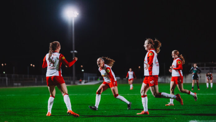 INNSBRUCK, AUSTRIA - NOVEMBER 14: Sara Grabovac, Vina Crnoja and Emelie Kobler of FC Red Bull Salzburg Women celebrating a goal during the second round OEFB Frauen Cup cup match between FC Wacker Innsbruck Women vs. FC Red Bull Salzburg Women on November 14, 2025 in Innsbruck, Austria. Photo by Fabian Weirather - FC Red Bull Salzburg Women.