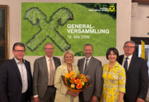 RRB Mödling geht gut gerüstet in die Zukunft Aufsichtsratsmitglied Manfred Kotlik, Obmann-Stv. Gerhard Kossina, Bundesministerin Klaudia Tanner, Obmann Peter Bubits, Geschäftsleiterin Sonja Laimer und Geschäftsleiter Thomas Schantz blickten auf 2025 zurück und den künftigen Herausforderungen entgegen.