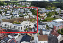 Entwicklung mit Weitblick Drohnenfoto vom Weitblick-Areal mit Markierung