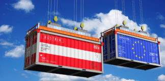 Shipping containers with flags of Austria and European Union - 3D illustration