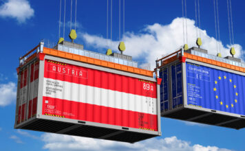 Shipping containers with flags of Austria and European Union - 3D illustration