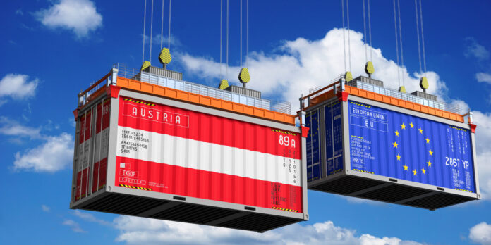 Shipping containers with flags of Austria and European Union - 3D illustration