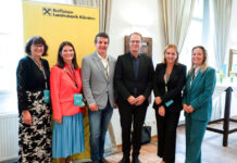 Mit Vielfalt neue Lösungen schaffen Raiffeisen-Funktionärinnen Sabine Sternig und Angela Pacher, Gerhard Oswald, AR-Vorsitzender der RLB Kärnten, Markus Hengstschläger, RLB-Vorstandsdirektorin Uta Kogler-Maier und Marion Jester, Leiterin Kommunikation und Marketing bei der RLB Kärnten