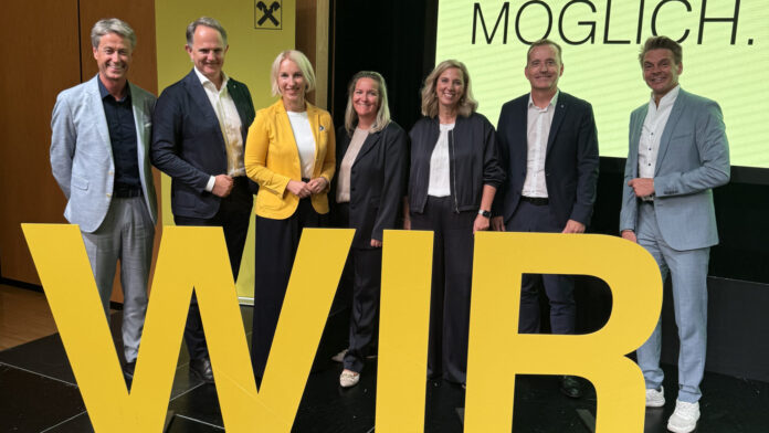 Motiviert für den Vertriebsherbst: Helmut Kontriner (Leiter Abteilung Vertrieb Vorsorgen & Anlegen RLB Kärnten), Karl Schnögl (Obmann Kärntner Raiffeisen Marketing), Sabine Pfeffer, Marion Jester (Geschäftsführerin Kärntner Raiffeisen Marketing), Daniela Uhlik-Kliemstein, Manfred Wilhelmer und Marc Gassert.
