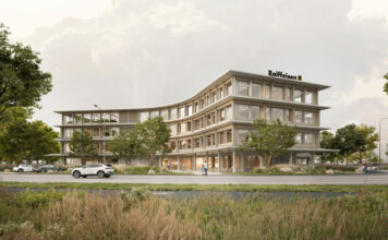 RLB Burgenland baut die Bank von morgen Rendering Außenansicht der neuen Bank in Eisenstadt