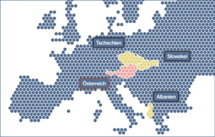 GRafische Darstellung Europa-Landakrte mit Österreich, tschechien, Slowakei und Albanien hervorgehoben