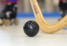 Nahaufnahme eines Rollhockey Balls und Schlägers