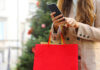 Was Österreicher zu Weihnachten schenken Shopper woman using smart phone for shopping online and carrying bags on Christmas time.